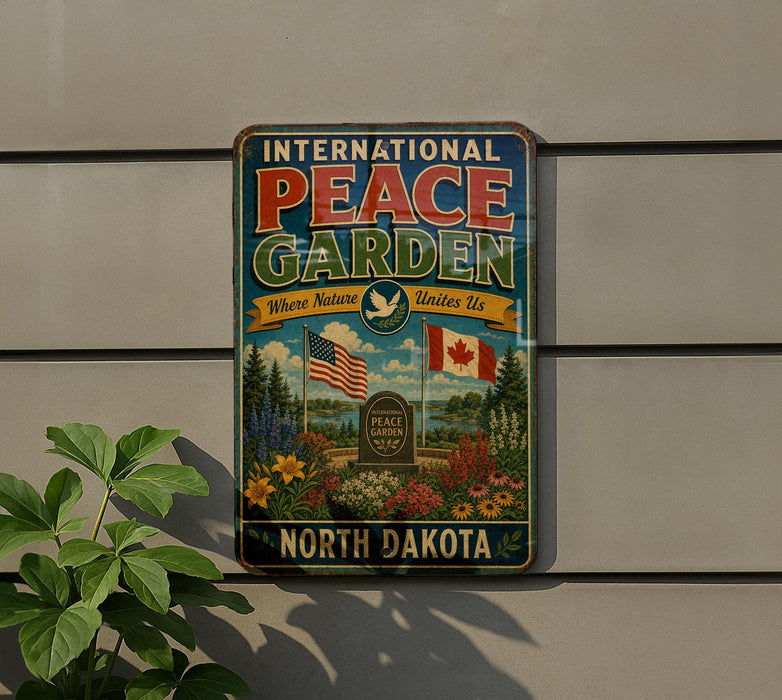 A vintage-style metal sign for the International Peace Garden in North Dakota, featuring an American and Canadian flag, a peace symbol, and a garden scene.