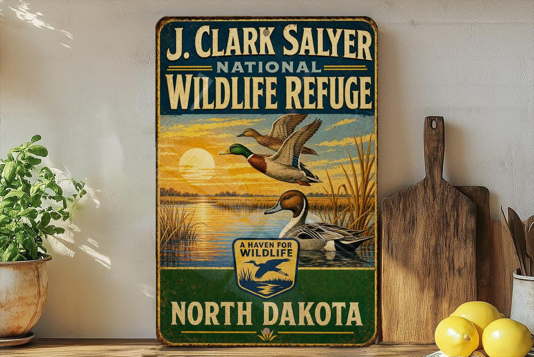 A vintage-style metal sign for the J. Clark Salyer National Wildlife Refuge in North Dakota, featuring a sunset landscape with ducks flying over a lake.