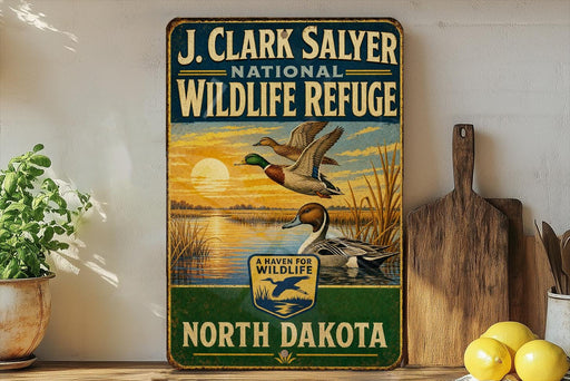 A vintage-style metal sign for the J. Clark Salyer National Wildlife Refuge in North Dakota, featuring a sunset landscape with ducks flying over a lake.