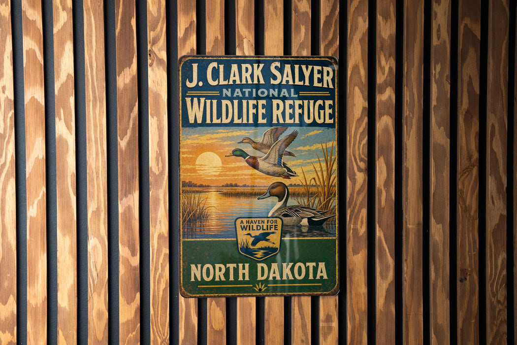 A vintage metal sign for the J. Clark Salyer National Wildlife Refuge in North Dakota, featuring a duck and a sunset landscape.