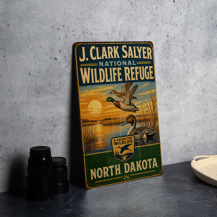 A vintage-style metal sign for the J. Clark Salyer National Wildlife Refuge in North Dakota, featuring an illustration of ducks and a sunset over a lake.