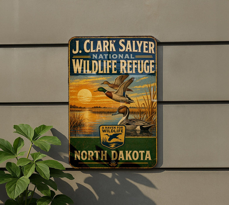 A vintage-style metal sign for the J. Clark Salyer National Wildlife Refuge in North Dakota, featuring a sunset landscape with ducks and other wildlife.