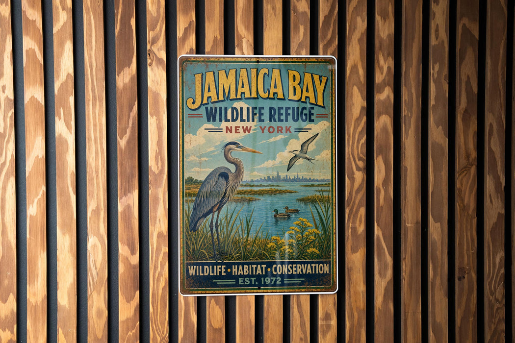 A vintage-style metal sign for Jamaica Bay Wildlife Refuge in New York, featuring a large bird and a serene landscape.