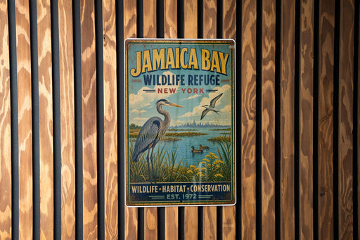 A vintage-style metal sign for Jamaica Bay Wildlife Refuge in New York, featuring a large bird and a serene landscape.