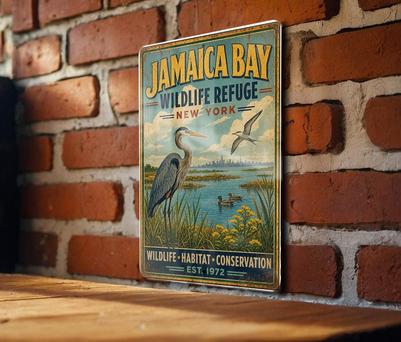 A vintage-style metal sign for Jamaica Bay Wildlife Refuge in New York, featuring an illustration of a heron and ducks in a grassy area with a body of water.