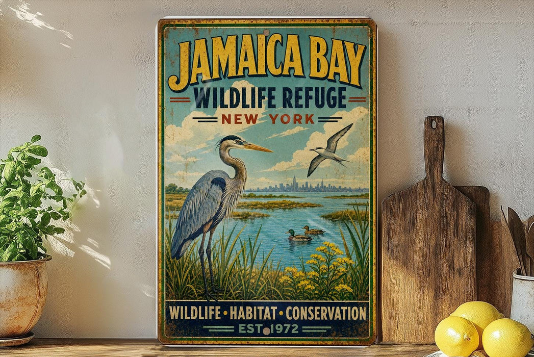 A vintage-style poster advertising Jamaica Bay Wildlife Refuge in New York, featuring a large blue heron and ducks in a grassy field with a city skyline in the background.