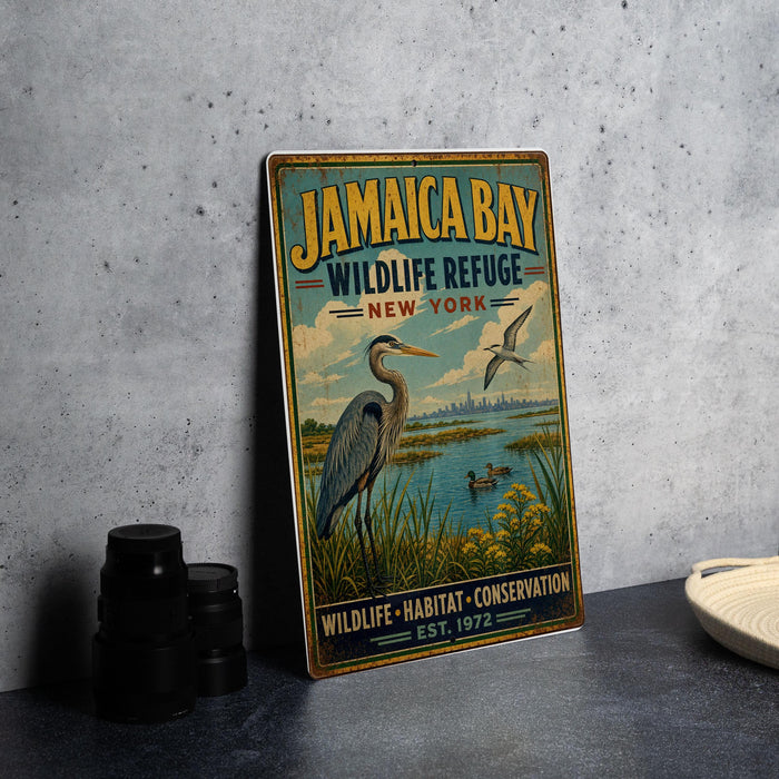 A vintage-style metal sign for Jamaica Bay Wildlife Refuge in New York, featuring an illustration of a bird and a serene landscape.