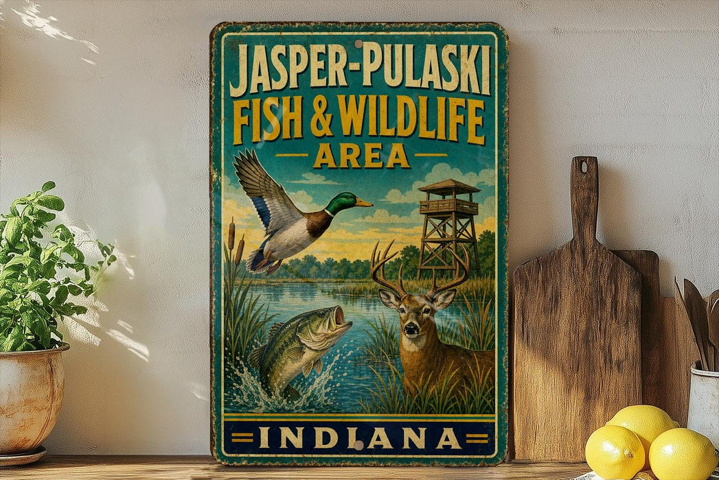 A vintage-style sign for the Jasper-Pulaski Fish & Wildlife Area in Indiana, featuring illustrations of a bird, a fish, and a deer in a natural setting.