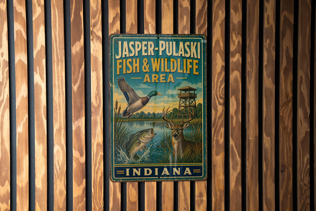 A vintage metal sign for the Jasper-Pulaski Fish & Wildlife Area in Indiana, featuring an illustration of a bird, a fish, and a deer.