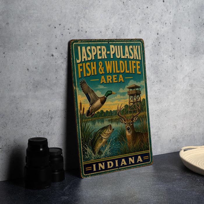 A vintage-style metal sign for the Jasper-Pulaski Fish & Wildlife Area in Indiana, featuring illustrations of wildlife such as ducks, fish, and deer.