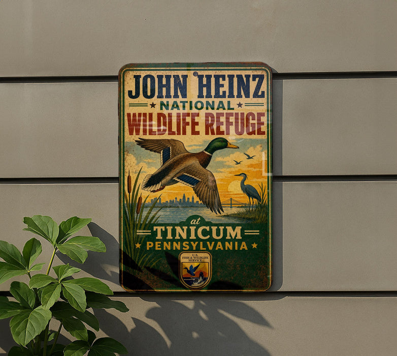 A vintage-style metal sign for the John Heinz National Wildlife Refuge in Pennsylvania, featuring a bird in flight and a scenic landscape.