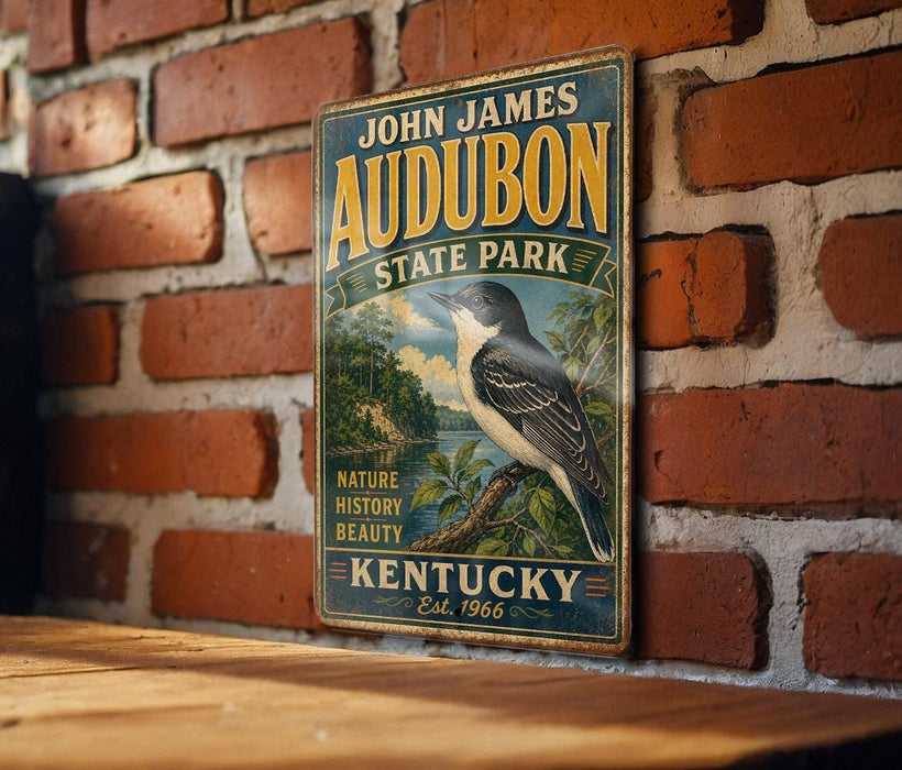 A vintage-style metal sign for John James Audubon State Park in Kentucky, featuring a bird illustration and text.