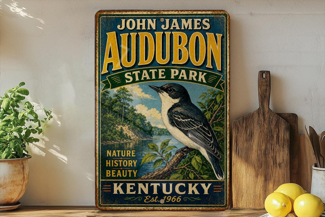 A vintage-style sign for John James Audubon State Park in Kentucky, featuring a black and white bird perched on a tree branch.