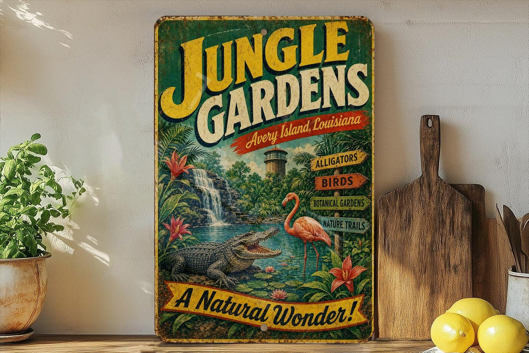 A vintage-style sign for "Jungle Gardens" in New Orleans, Louisiana, featuring a waterfall, alligators, birds, and tropical plants, with a banner that says "A Natural Wonder!"