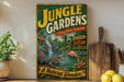 A vintage-style sign for "Jungle Gardens" in New Orleans, Louisiana, featuring a waterfall, alligators, birds, and tropical plants, with a banner that says "A Natural Wonder!"