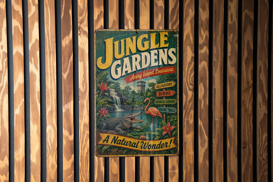 A vintage-style sign for "Jungle Gardens" is displayed on a wooden wall, featuring illustrations of alligators, birds, and tropical plants.