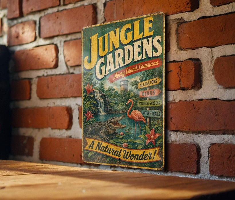A vintage-style sign for "Jungle Gardens" is displayed on a brick wall, featuring an illustration of a tropical garden scene with various animals and plants.
