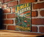 A vintage-style sign for "Jungle Gardens" is displayed on a brick wall, featuring an illustration of a tropical garden scene with various animals and plants.