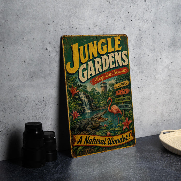 A vintage-style metal sign for "Jungle Gardens" in Louisiana, featuring a tropical scene with a waterfall, alligator, and birds.