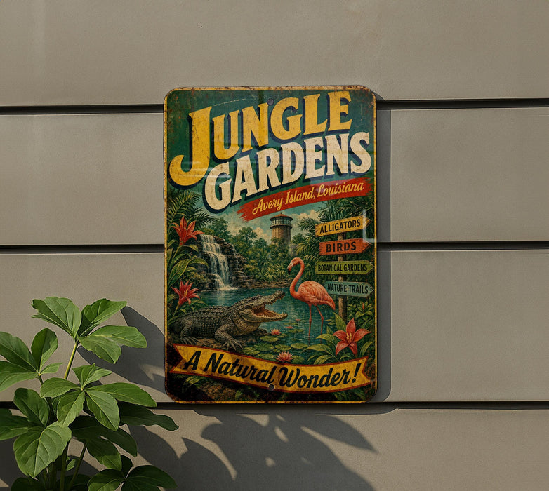 A vintage-style metal sign advertising "Jungle Gardens" in Louisiana, featuring a waterfall, alligators, flamingos, and tropical plants.