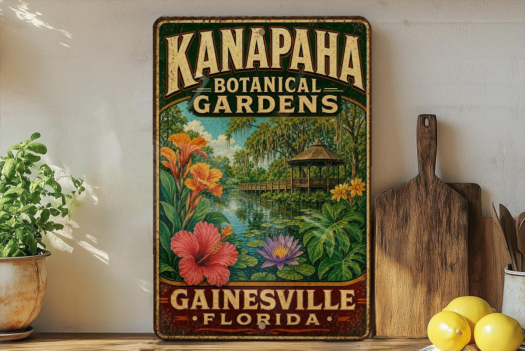 A vintage-style metal sign for the Kanapaha Botanical Gardens in Gainesville, Florida, featuring a tropical garden scene with a gazebo and various flowers.