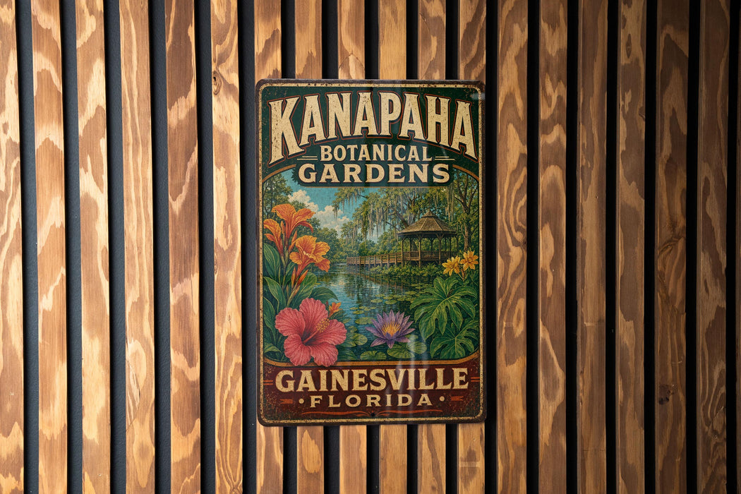 A vintage-style metal sign for Kanapaha Botanical Gardens in Gainesville, Florida, featuring a tropical garden scene with colorful flowers and a gazebo.
