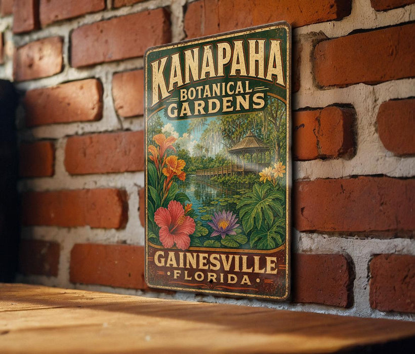 A vintage-style metal sign for Kanapaha Botanical Gardens in Gainesville, Florida, featuring a lush garden scene with colorful flowers and plants.