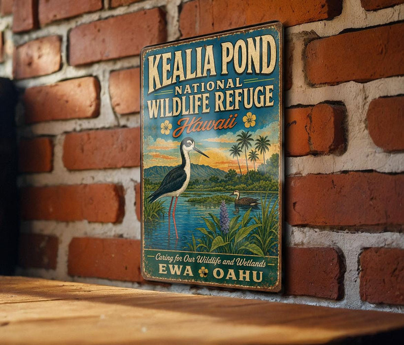 A vintage-style metal sign for the Kealia Pond National Wildlife Refuge in Hawaii, featuring a bird and a tropical landscape.