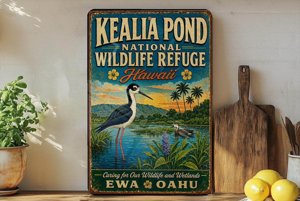 A vintage-style metal sign for the Kealia Pond National Wildlife Refuge in Hawaii, featuring an illustration of a bird and a tropical landscape.