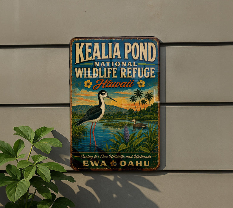 A vintage-style metal sign for the Kealia Pond National Wildlife Refuge in Hawaii, featuring a colorful illustration of a bird and a tropical landscape.