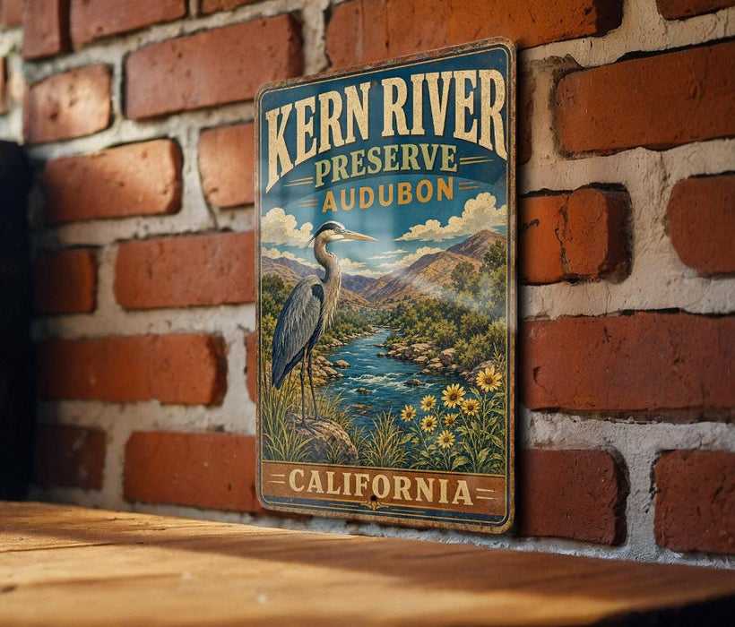 A vintage metal sign for Kern River Preserve Audubon, featuring an illustration of a heron and a scenic landscape.