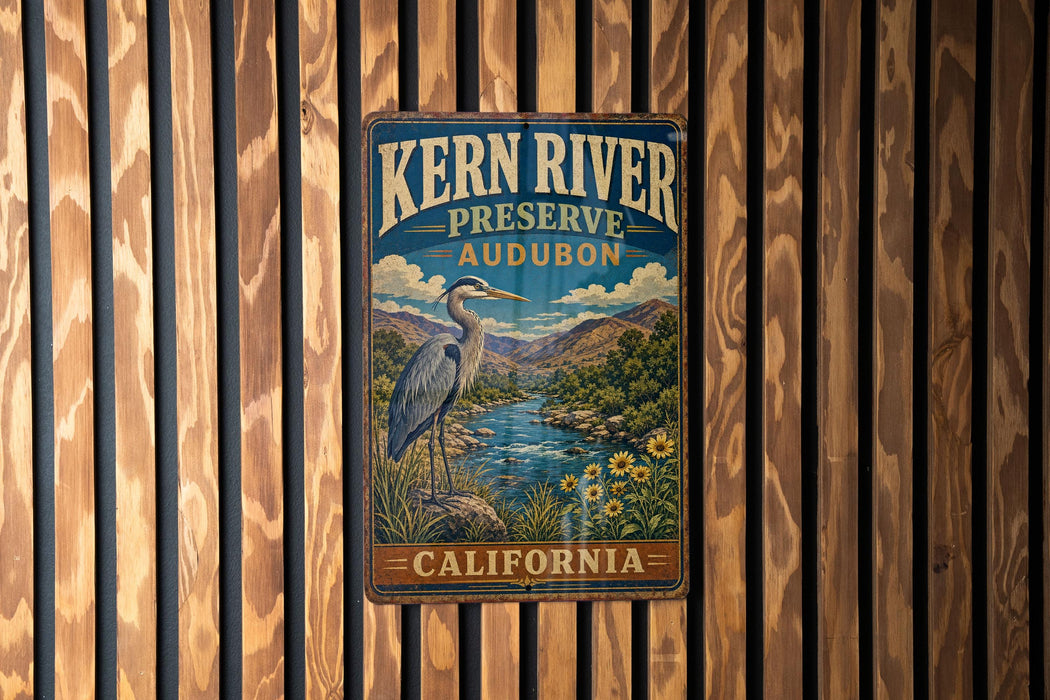A vintage metal sign for Kern River Preserve Audubon in California, featuring a large heron in a natural setting.
