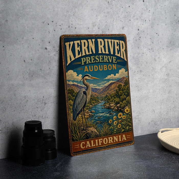 A vintage-style metal sign for Kern River Preserve Audubon, featuring a large heron and a scenic landscape, is displayed on a gray countertop.