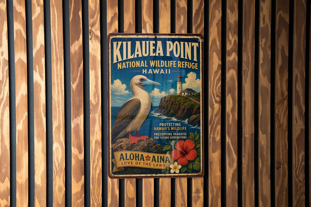 A vintage metal sign for the National Wildlife Refuge in Hawaii, featuring a bird and a lighthouse, is displayed on a wooden wall.
