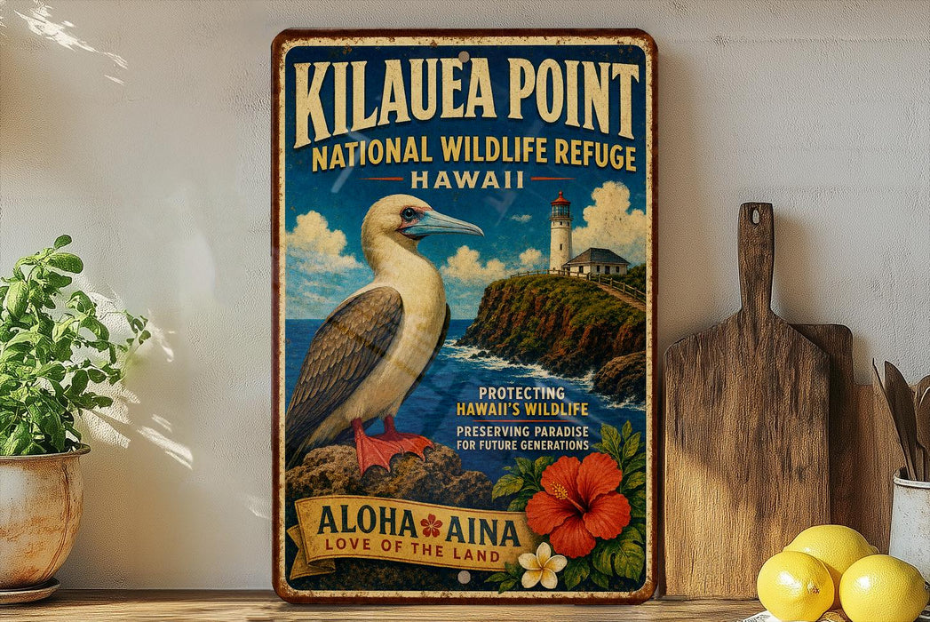 A vintage-style metal sign for the Kilauea Point National Wildlife Refuge in Hawaii, featuring a bird and a lighthouse on a cliff overlooking the ocean.