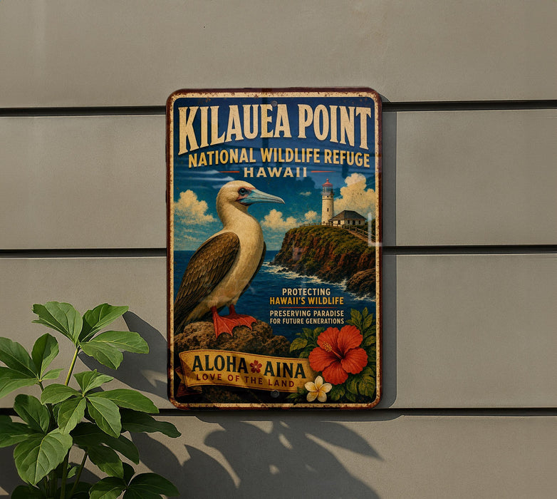 A vintage-style metal sign for the Kilauea Point National Wildlife Refuge in Hawaii, featuring a bird and a lighthouse on a cliff overlooking the ocean.
