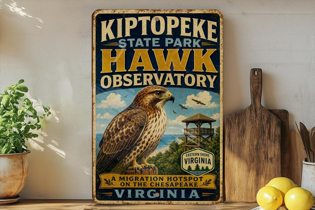 A vintage-style metal sign for Kiptopeke State Park's Hawk Observatory, featuring an illustration of a hawk and a lighthouse, with the text "A MIGRATION HOTSPOT ON THE CHESAPEAK" and "VIRGINIA" at the bottom.