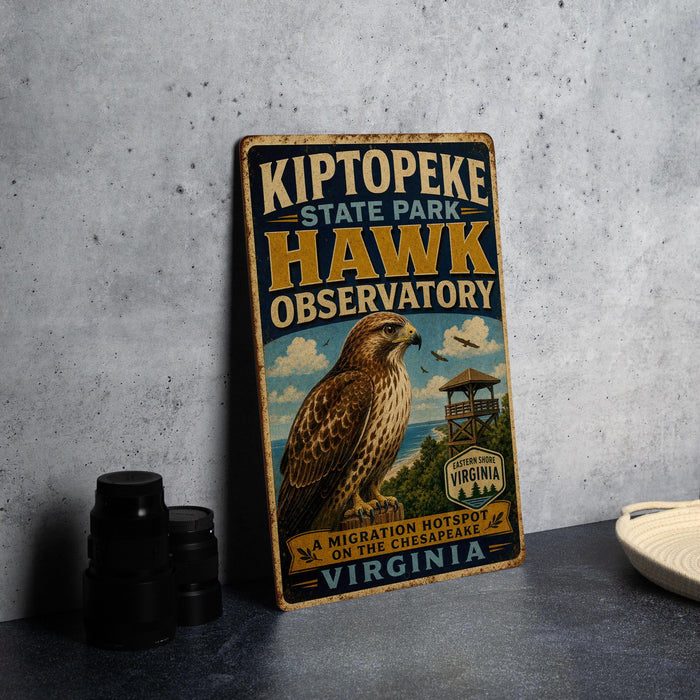 A vintage metal sign for the Kiptope State Park Hawk Observatory in Virginia, featuring an illustration of a hawk and a lighthouse.