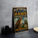 A vintage metal sign for the Kiptope State Park Hawk Observatory in Virginia, featuring an illustration of a hawk and a lighthouse.