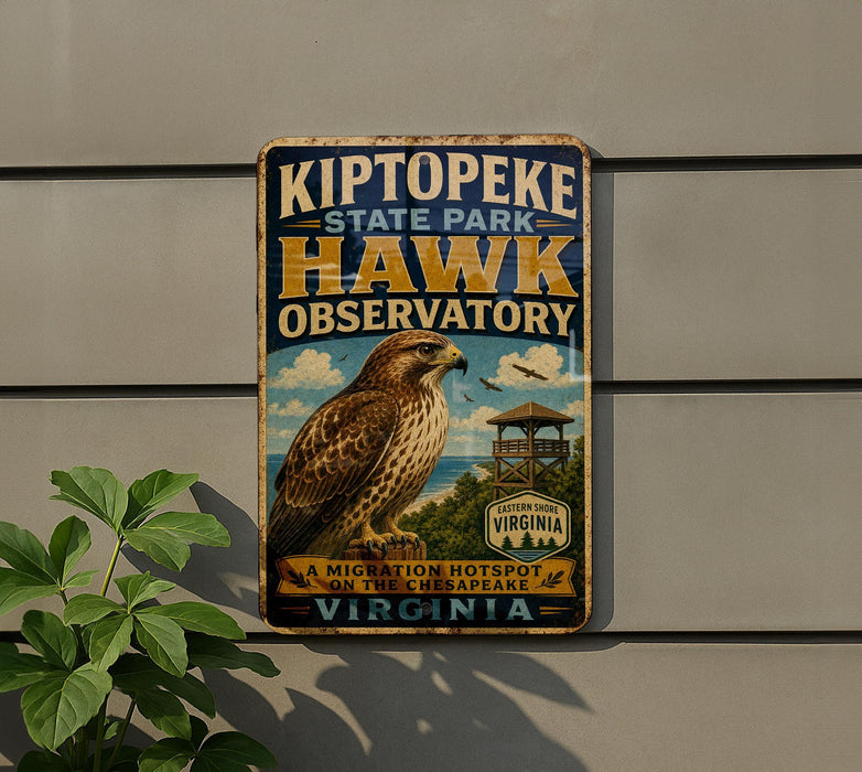 a metal sign with a bird illustration, mounted on a wall next to a plant.