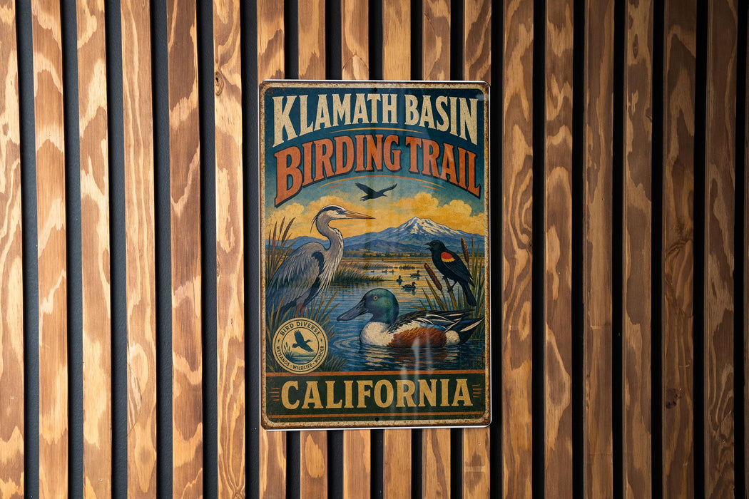 A vintage-style metal sign for Klath Basin Birding Trail in California, featuring illustrations of various bird species in a natural setting.