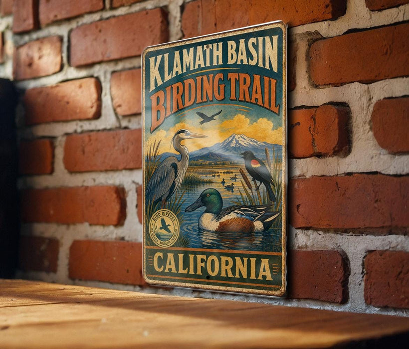 A vintage-style metal sign for the Klamath Basin Birding Trail in California, featuring illustrations of various birds in a natural setting.