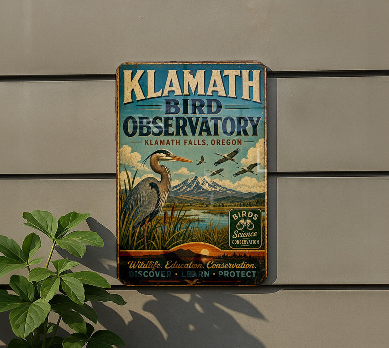 A vintage-style metal sign for the Klath Bird Observatory, featuring an illustration of a heron and birds in a natural setting.