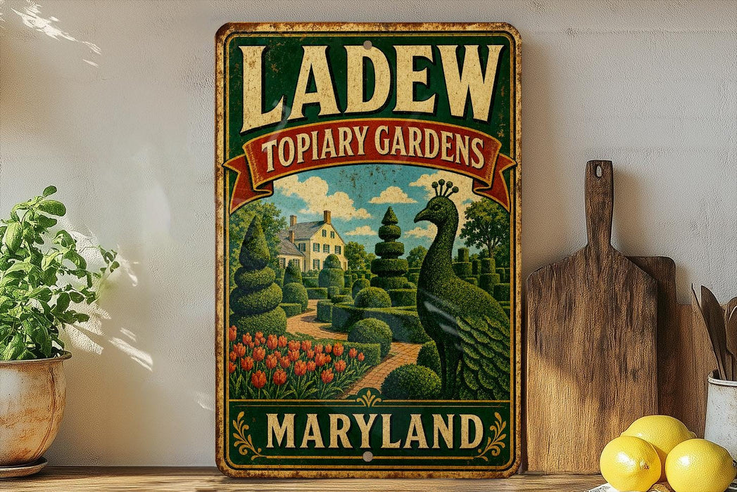 A vintage-style metal sign for "LADEW TOPIARY GARDENS" in Maryland, featuring a large illustration of a peacock in a garden setting.