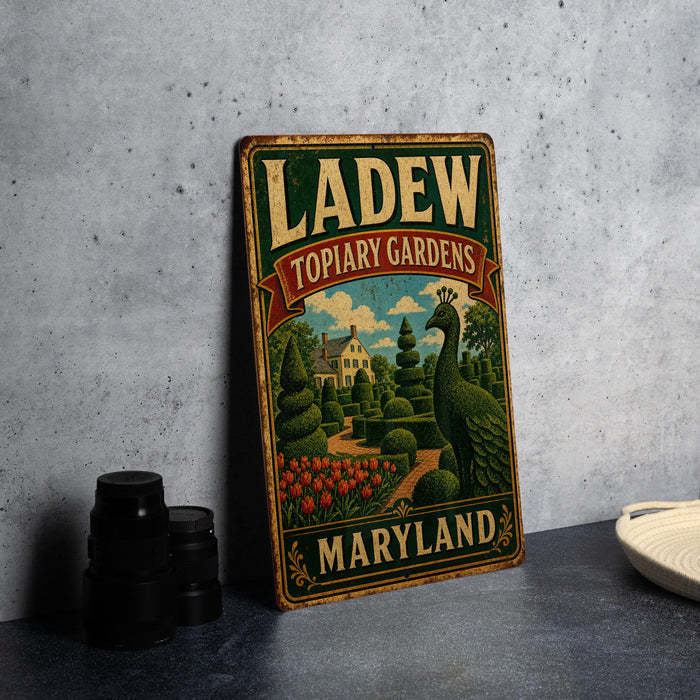 A vintage-style metal sign for "LADEW TOPIARY GARDENS MARYLAND" is displayed on a gray countertop, with a stack of black camera lenses and a white dish visible to the side.