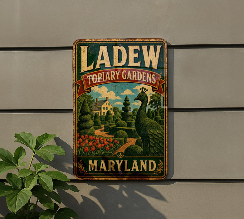 A vintage metal sign for "LADEW TOPiary Gardens" in Maryland, featuring a colorful illustration of a well-manicured garden with a peacock.