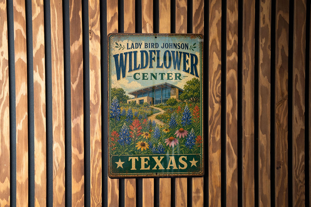 A metal sign with the text "LADY BIRD JOHNSON WILDFLOWER CENTER TEXAS" hanging on a wooden fence.
