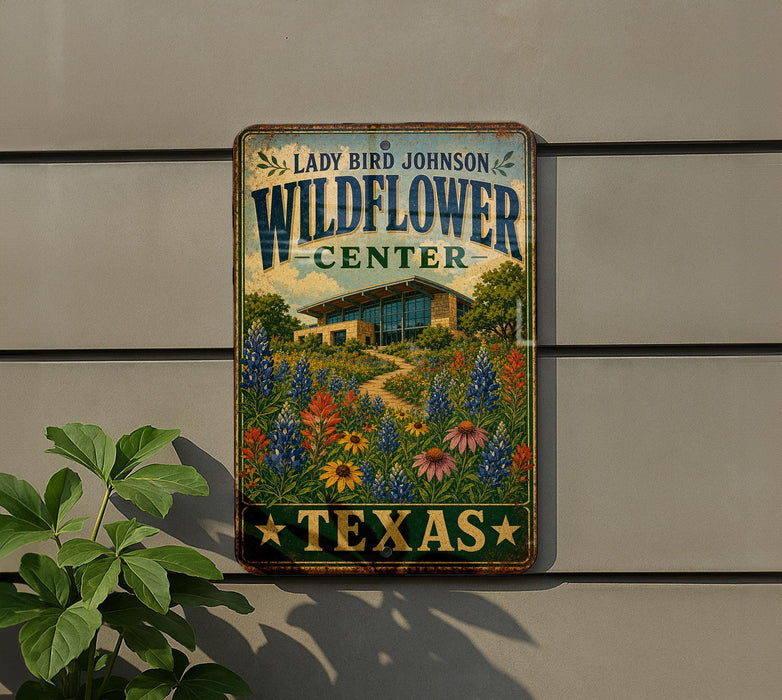 A vintage-style metal sign for the Lady Bird Johnson Wildflower Center in Texas, featuring a colorful illustration of a garden with flowers and a building in the background.