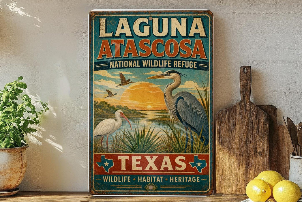 A vintage-style sign for the Laguna Atascosa National Wildlife Refuge in Texas, featuring illustrations of birds and a sunset landscape.