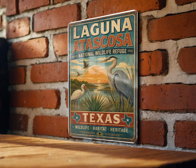 A vintage-style metal sign for Laguna Atascosa National Wildlife Refuge in Texas, featuring an illustration of a bird and a sunset landscape.